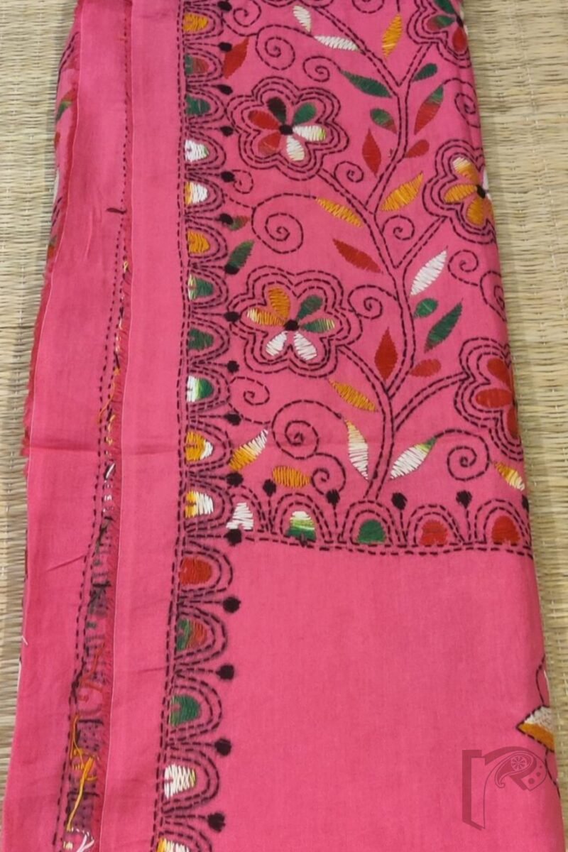 Dreamy Drapes - Candy Pink Floral Leaf Kantha Cotton Dupatta with Multi-Colored Fill - Image 5