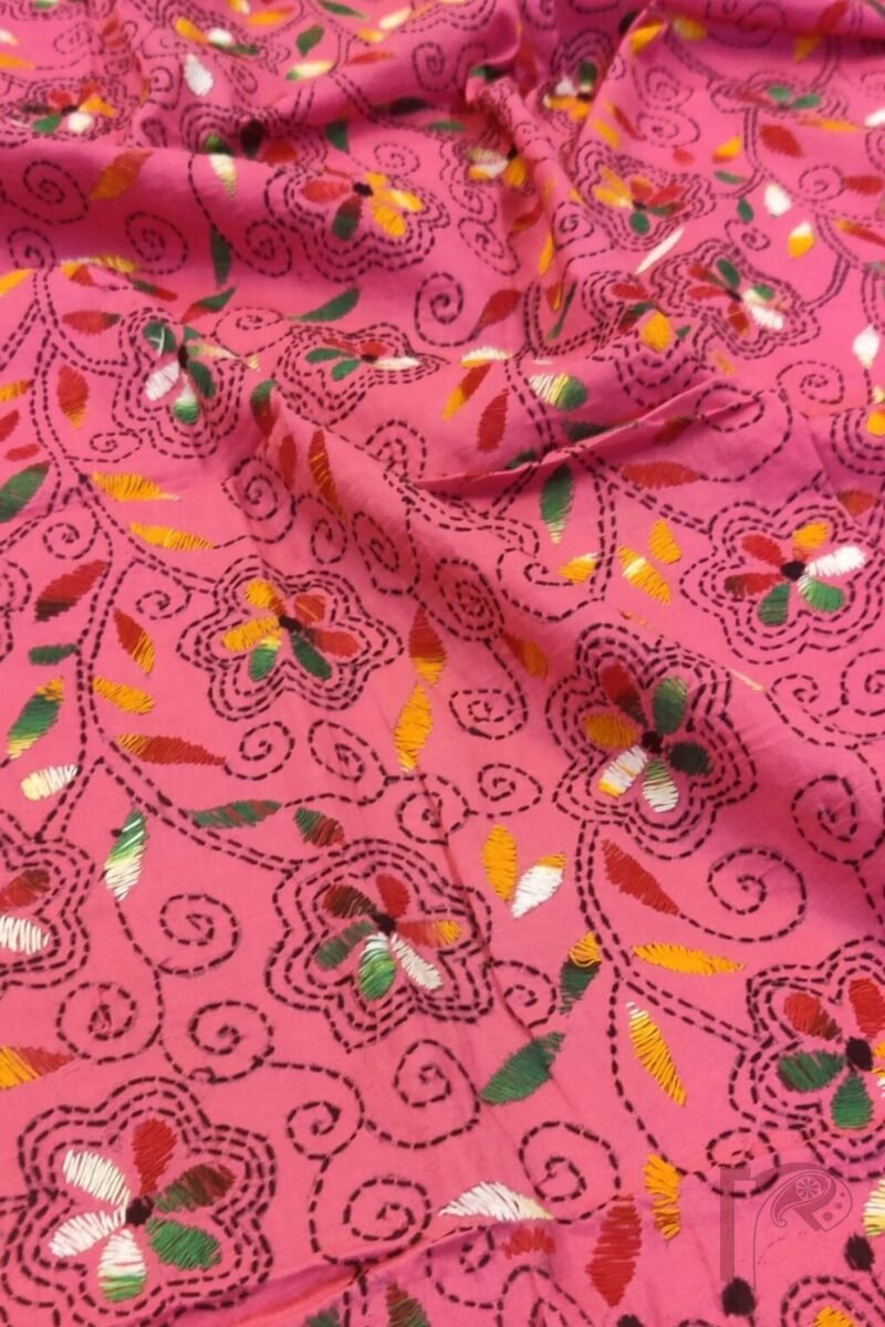 Dreamy Drapes - Candy Pink Floral Leaf Kantha Cotton Dupatta with Multi-Colored Fill - Image 6