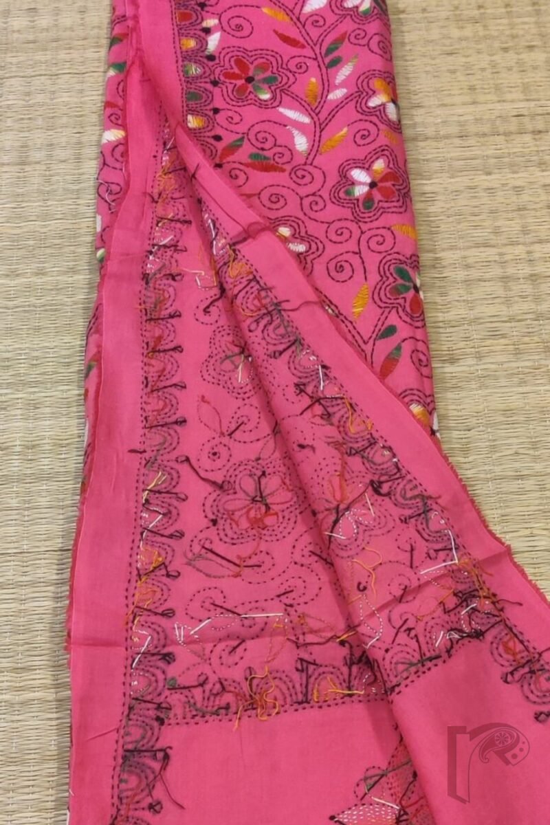 Dreamy Drapes - Candy Pink Floral Leaf Kantha Cotton Dupatta with Multi-Colored Fill - Image 7
