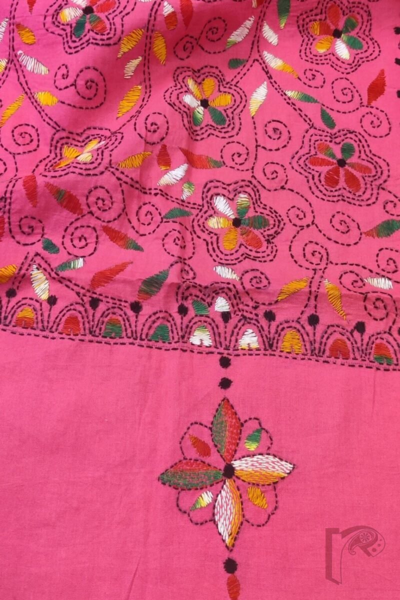 Dreamy Drapes - Candy Pink Floral Leaf Kantha Cotton Dupatta with Multi-Colored Fill - Image 8