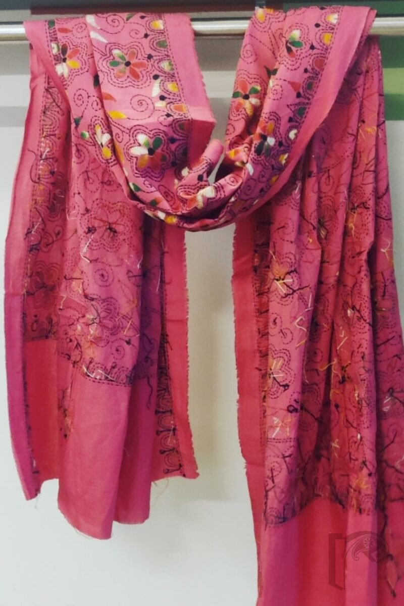 Dreamy Drapes - Candy Pink Floral Leaf Kantha Cotton Dupatta with Multi-Colored Fill