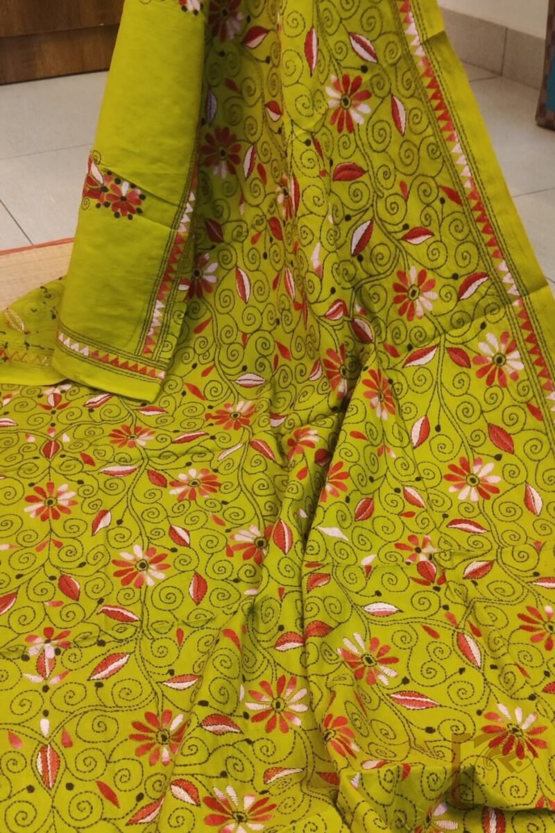 Dreamy Drapes - Sage Green and Pink Traditional Floral Kantha Cotton Dupatta - Image 2