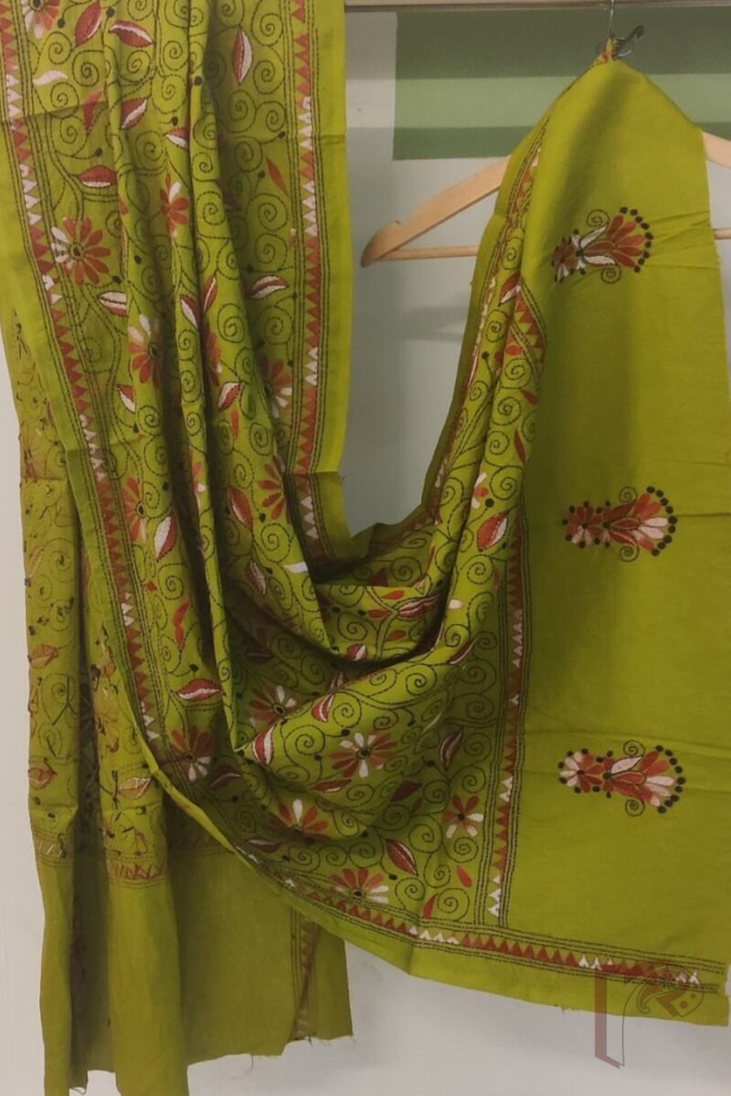 Dreamy Drapes - Sage Green and Pink Traditional Floral Kantha Cotton Dupatta - Image 3