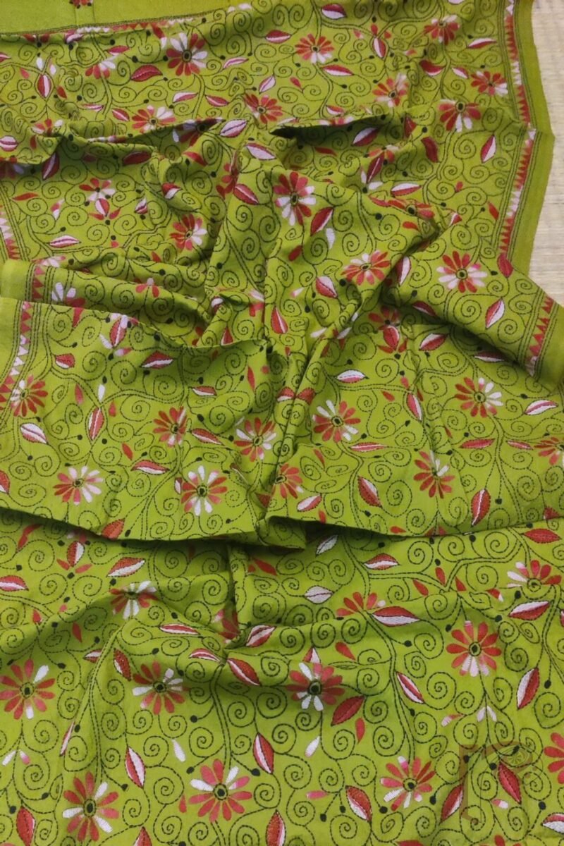 Dreamy Drapes - Sage Green and Pink Traditional Floral Kantha Cotton Dupatta - Image 4