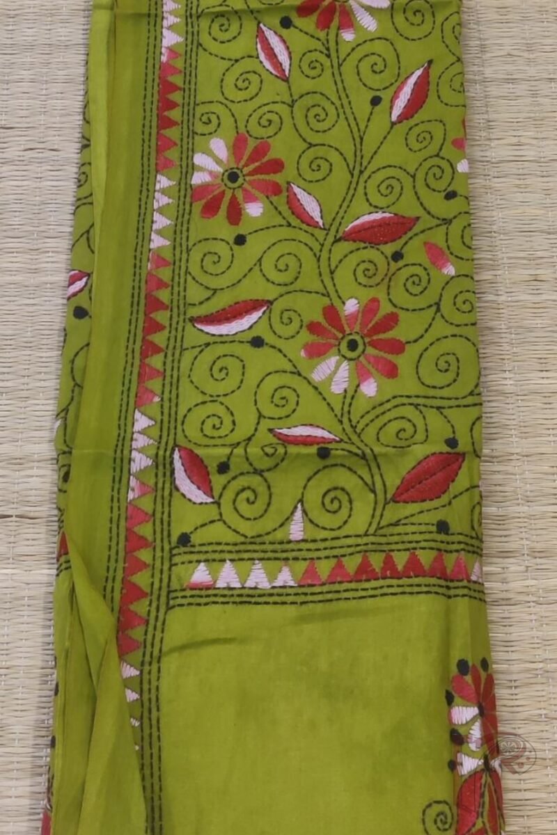 Dreamy Drapes - Sage Green and Pink Traditional Floral Kantha Cotton Dupatta - Image 5