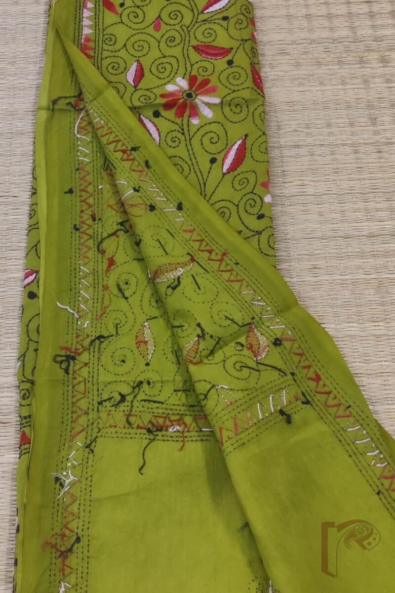 Dreamy Drapes - Sage Green and Pink Traditional Floral Kantha Cotton Dupatta - Image 6