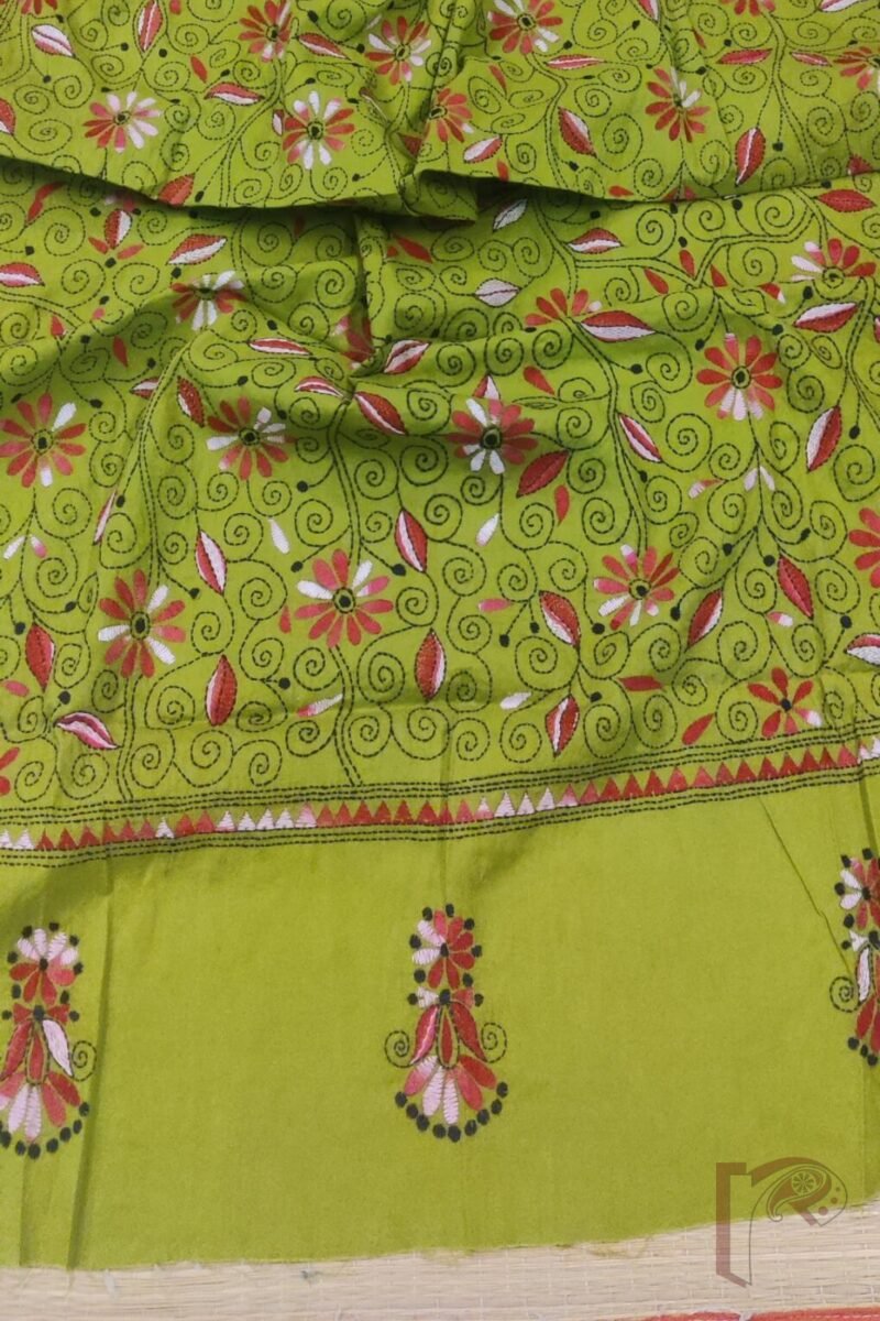 Dreamy Drapes - Sage Green and Pink Traditional Floral Kantha Cotton Dupatta - Image 7