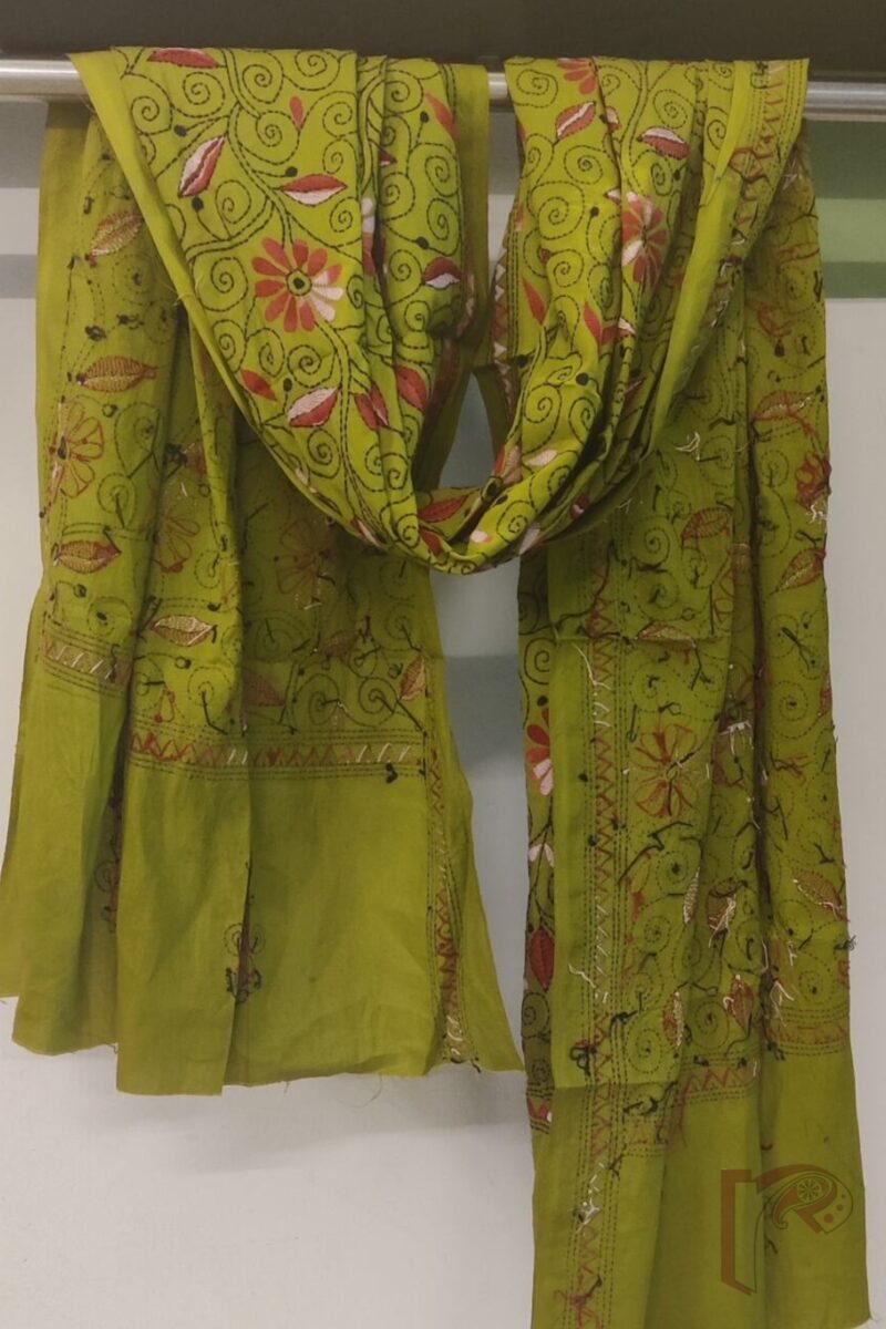 Dreamy Drapes - Sage Green and Pink Traditional Floral Kantha Cotton Dupatta