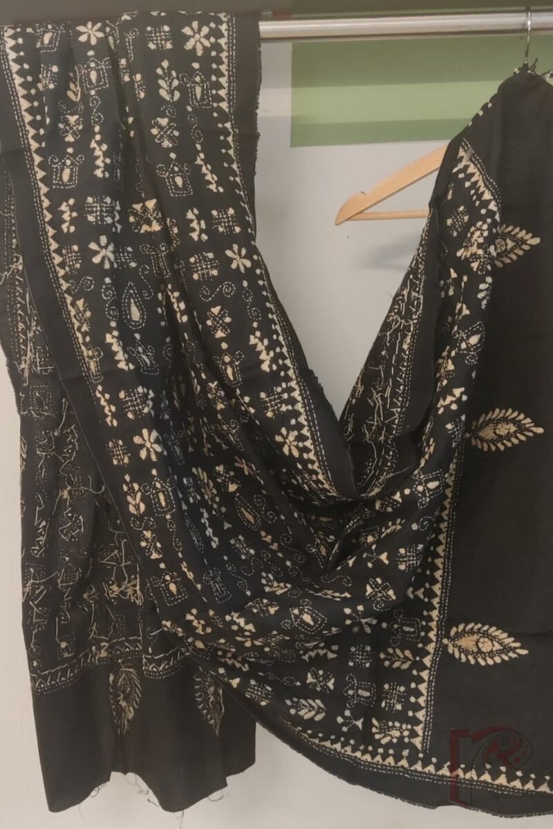 Dreamy Drapes - Black and White Madhubani House Motif Cotton Kantha Dupatta - Image 3