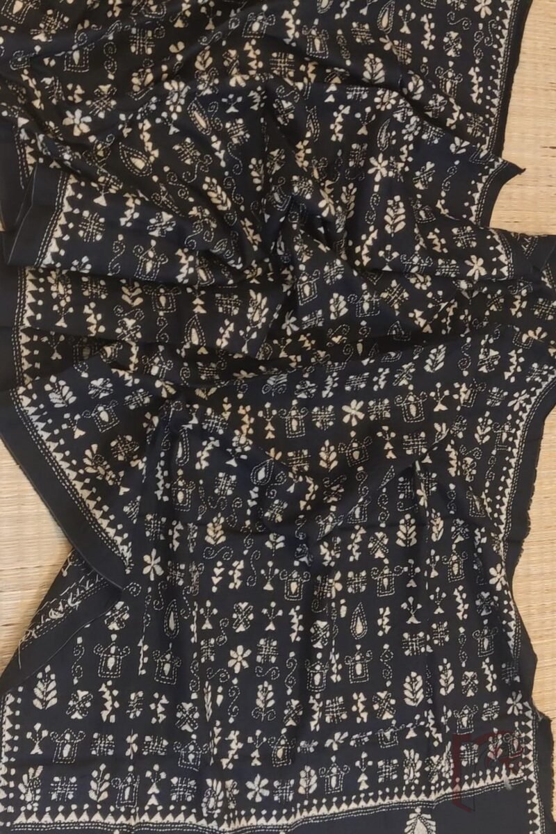 Dreamy Drapes - Black and White Madhubani House Motif Cotton Kantha Dupatta - Image 4