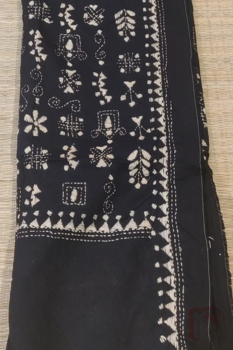 Dreamy Drapes - Black and White Madhubani House Motif Cotton Kantha Dupatta - Image 5