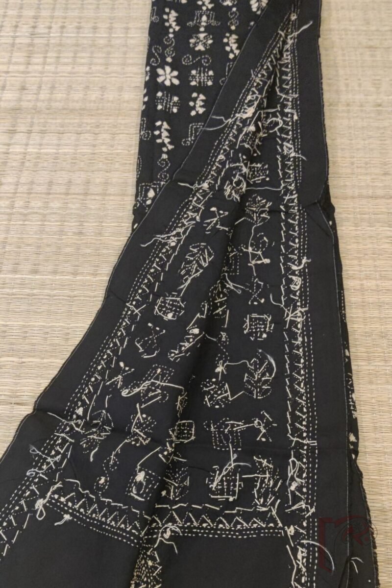 Dreamy Drapes - Black and White Madhubani House Motif Cotton Kantha Dupatta - Image 6