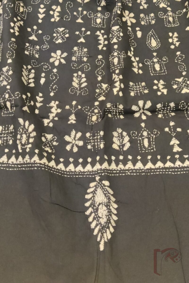 Dreamy Drapes - Black and White Madhubani House Motif Cotton Kantha Dupatta - Image 7