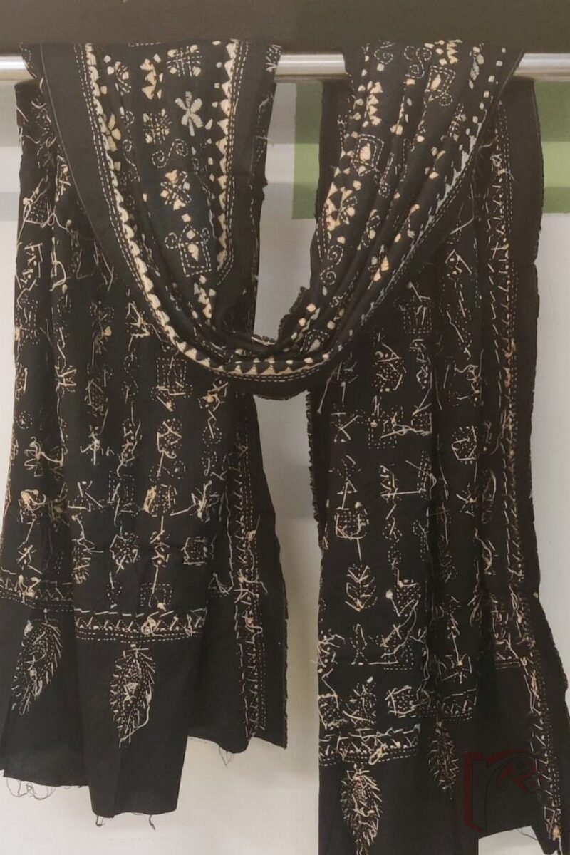 Dreamy Drapes - Black and White Madhubani House Motif Cotton Kantha Dupatta