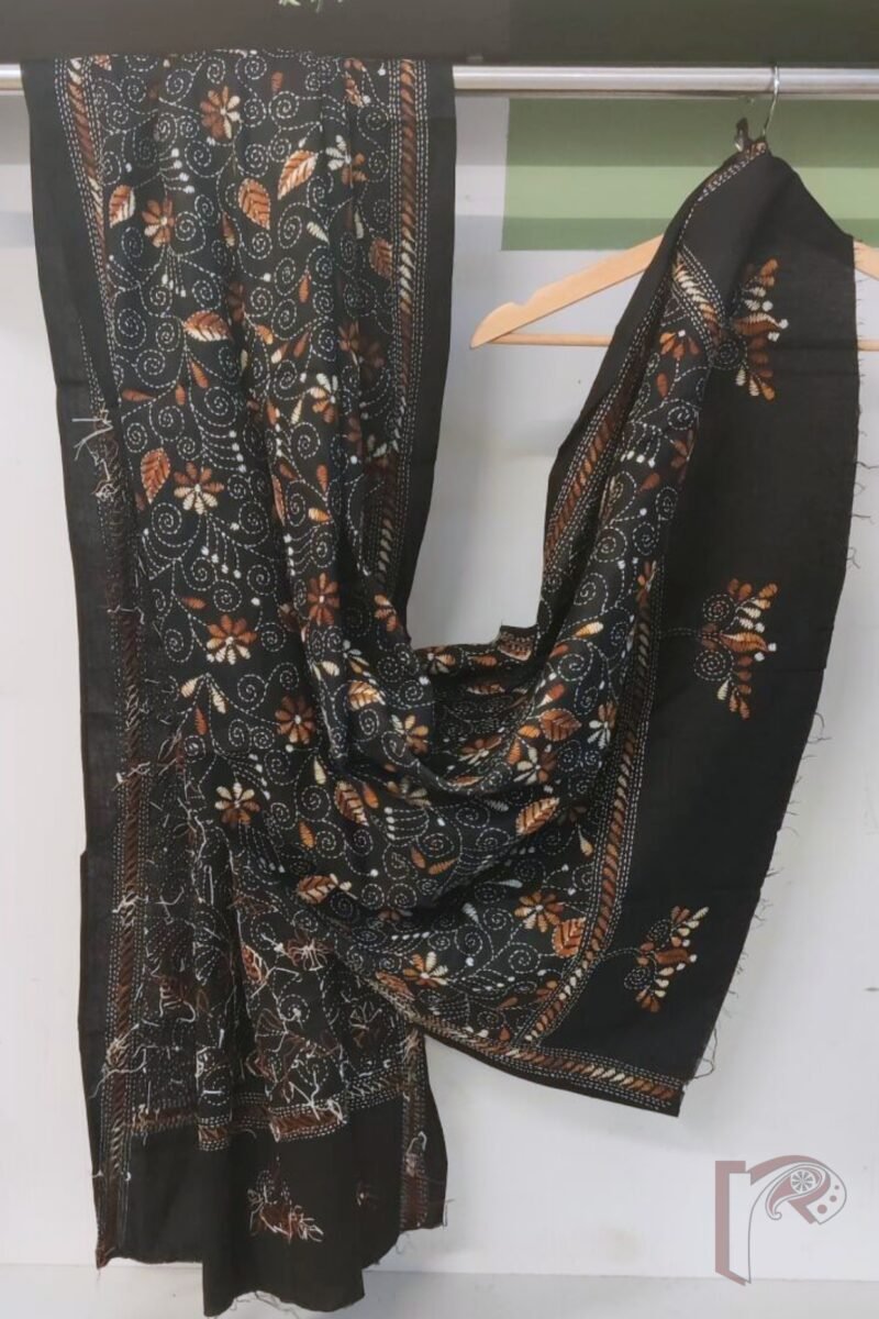 Dreamy Drapes - Black and Brown Floral Kantha Cotton Dupatta with Running Stem Design - Image 3
