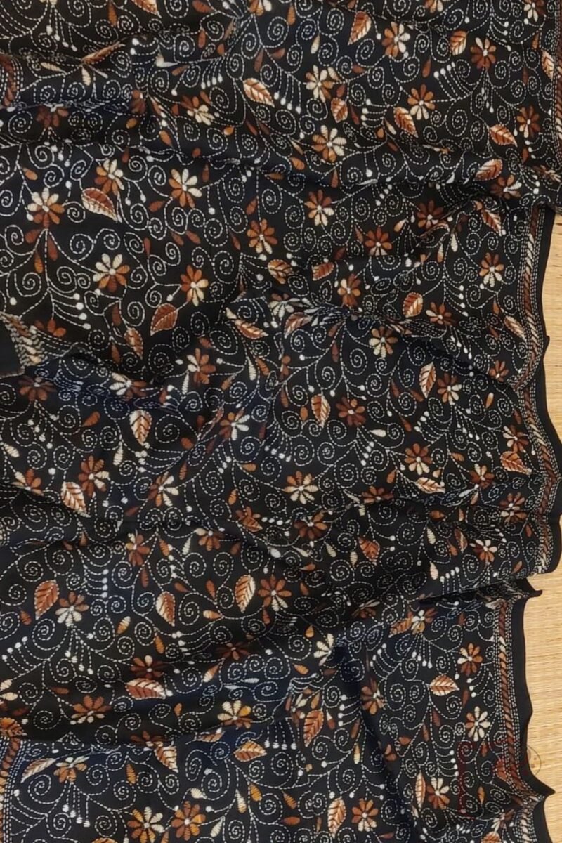 Dreamy Drapes - Black and Brown Floral Kantha Cotton Dupatta with Running Stem Design - Image 4