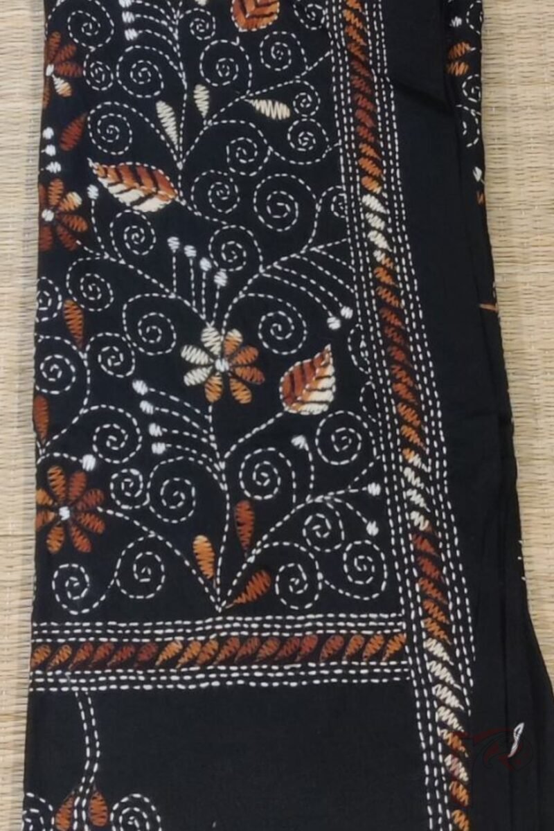 Dreamy Drapes - Black and Brown Floral Kantha Cotton Dupatta with Running Stem Design - Image 5