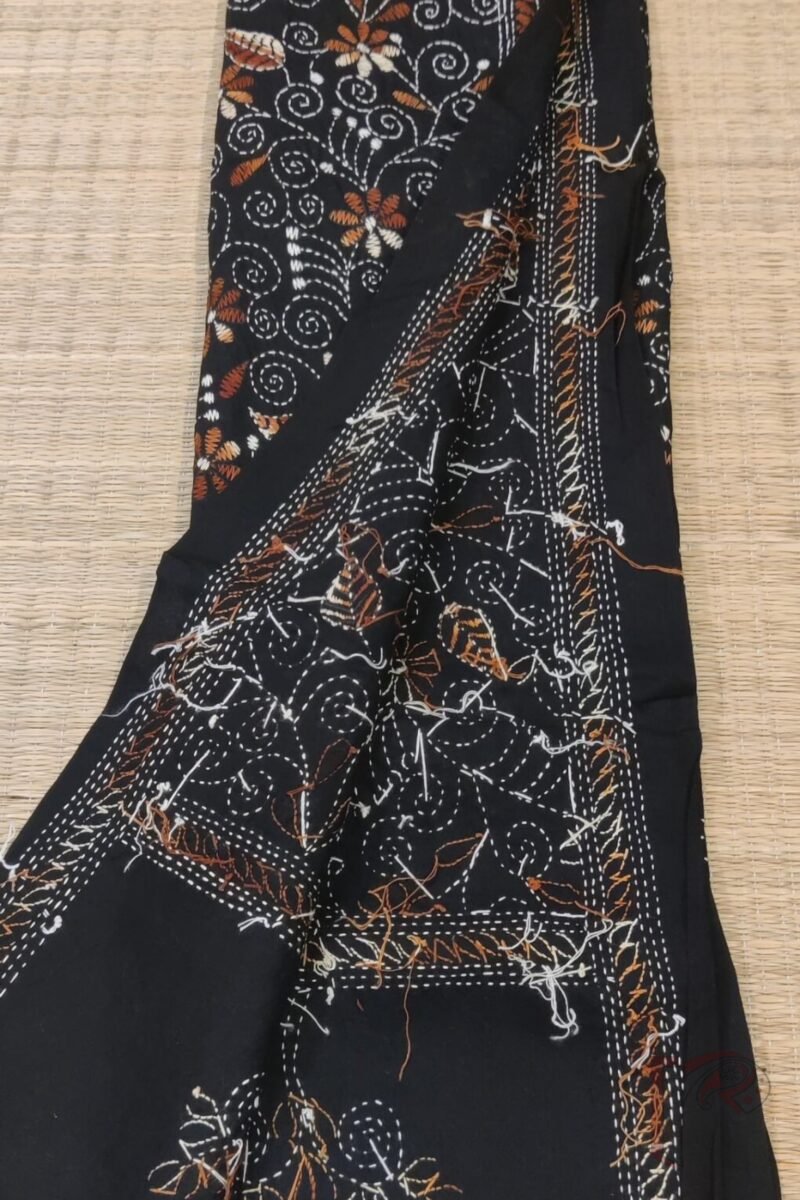 Dreamy Drapes - Black and Brown Floral Kantha Cotton Dupatta with Running Stem Design - Image 7