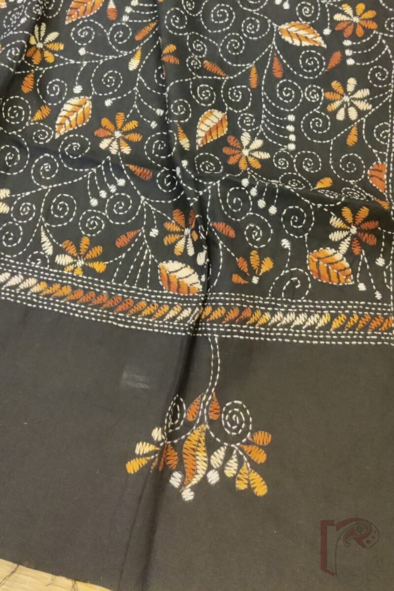 Dreamy Drapes - Black and Brown Floral Kantha Cotton Dupatta with Running Stem Design - Image 8
