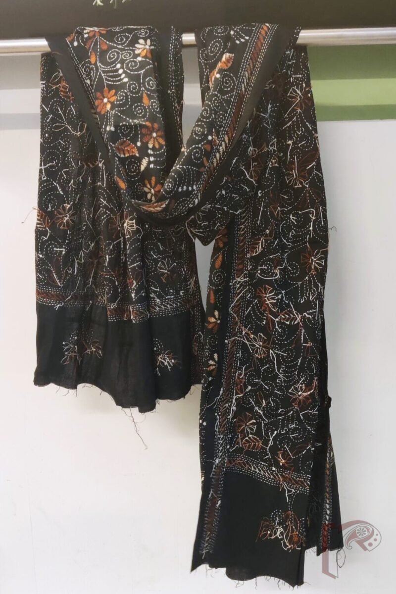 Dreamy Drapes - Black and Brown Floral Kantha Cotton Dupatta with Running Stem Design