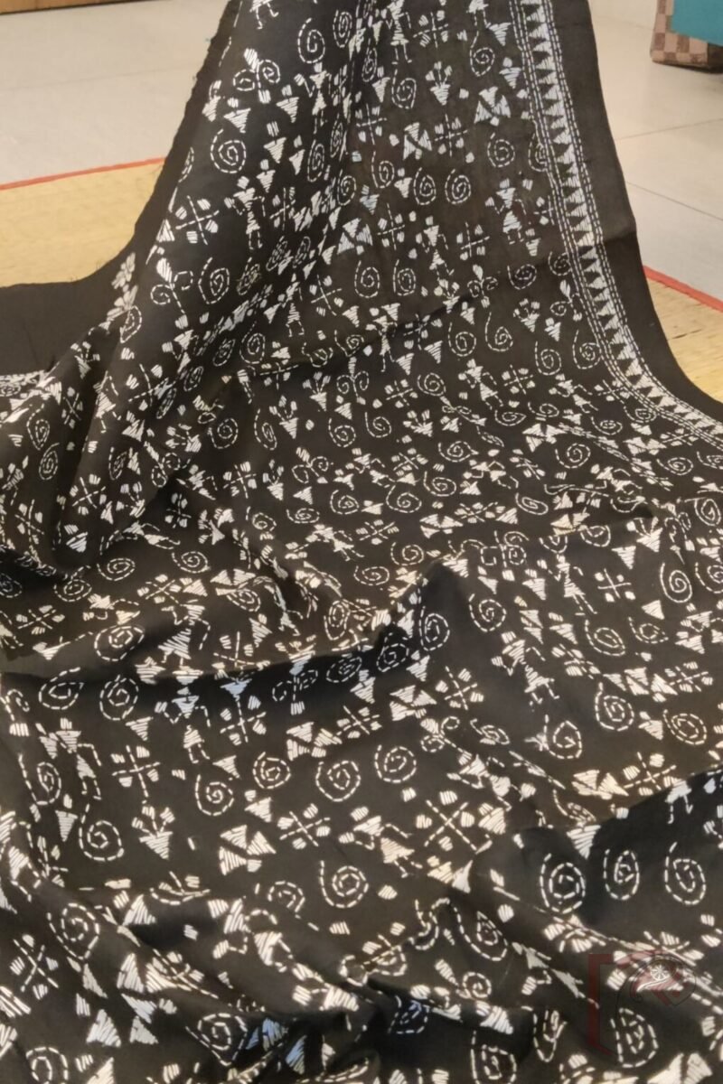 Dreamy Drapes - Black and White Madhubani Pot Motif Cotton Kantha Dupatta - Image 2