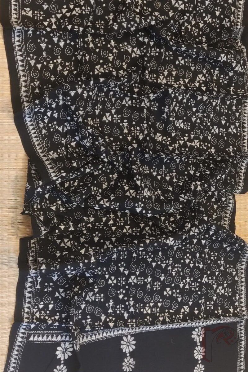 Dreamy Drapes - Black and White Madhubani Pot Motif Cotton Kantha Dupatta - Image 4