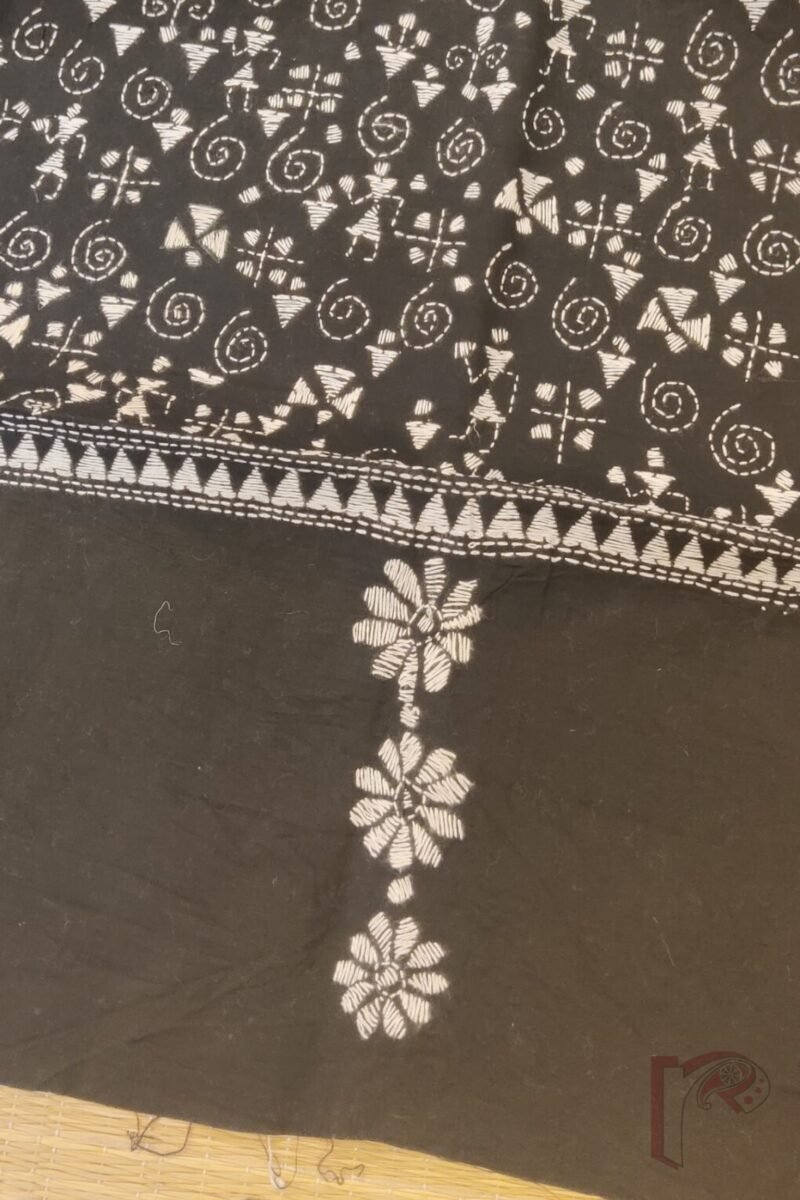Dreamy Drapes - Black and White Madhubani Pot Motif Cotton Kantha Dupatta - Image 7