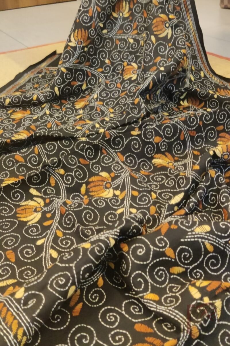Dreamy Drapes - Black and Brown Floral Vine Cotton Kantha Dupatta with Leaf Accents - Image 2