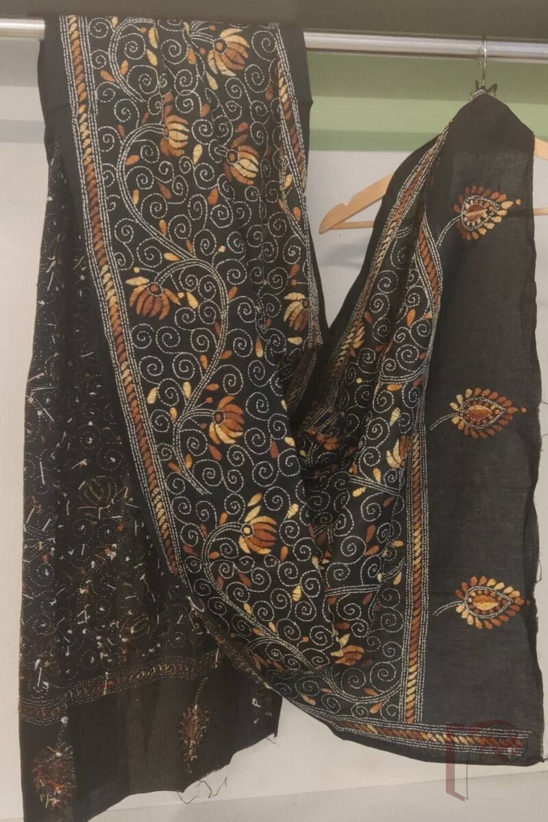 Dreamy Drapes - Black and Brown Floral Vine Cotton Kantha Dupatta with Leaf Accents - Image 3