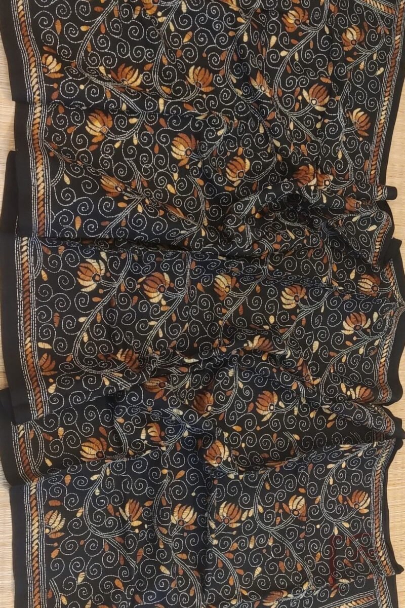 Dreamy Drapes - Black and Brown Floral Vine Cotton Kantha Dupatta with Leaf Accents - Image 4