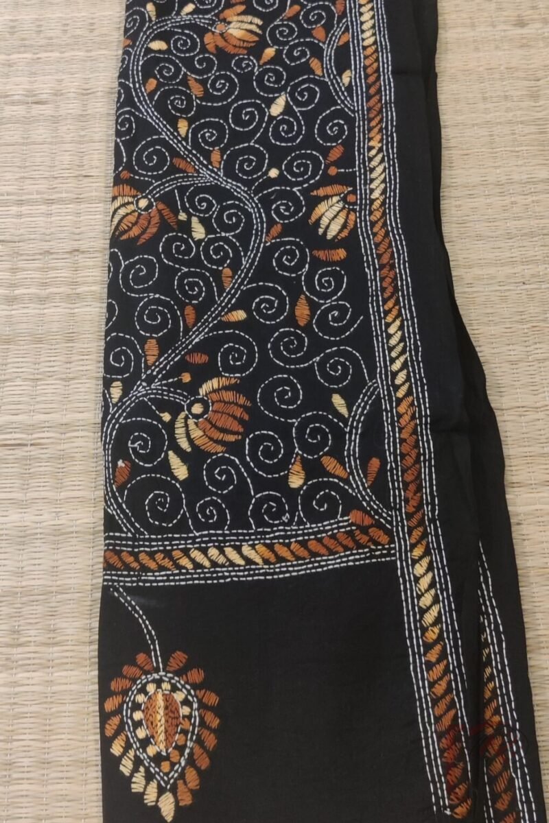 Dreamy Drapes - Black and Brown Floral Vine Cotton Kantha Dupatta with Leaf Accents - Image 5
