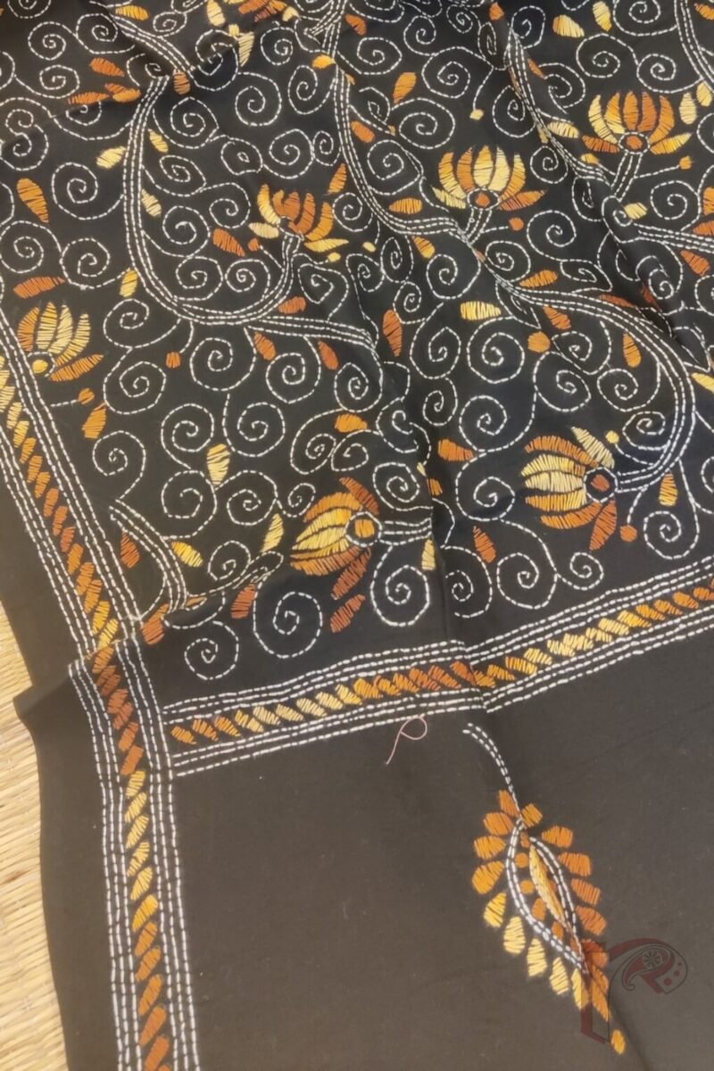 Dreamy Drapes - Black and Brown Floral Vine Cotton Kantha Dupatta with Leaf Accents - Image 7