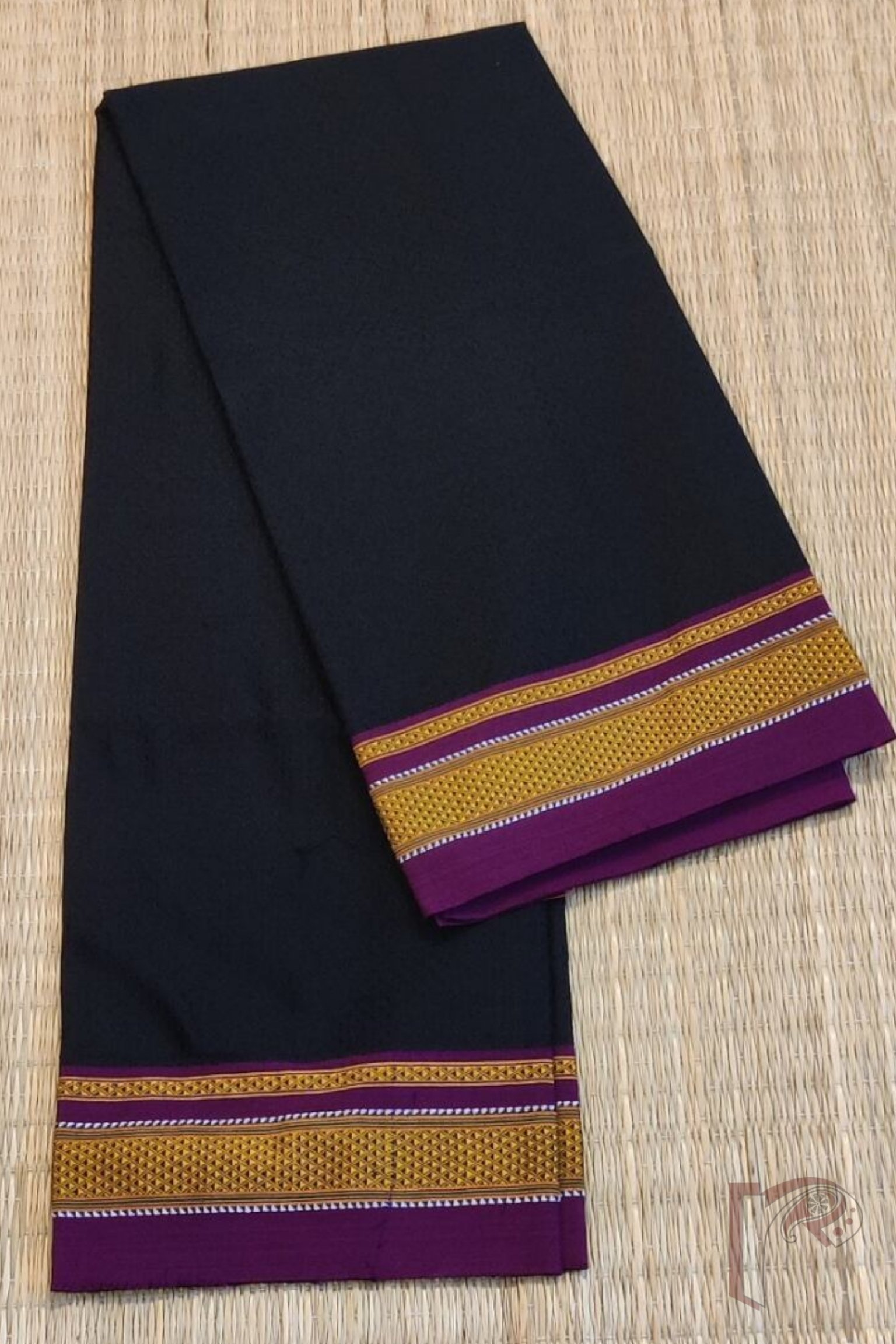 Black and Purple Khun Weave Ilkal Blouse Piece with Golden-White Thread Border - Image 2