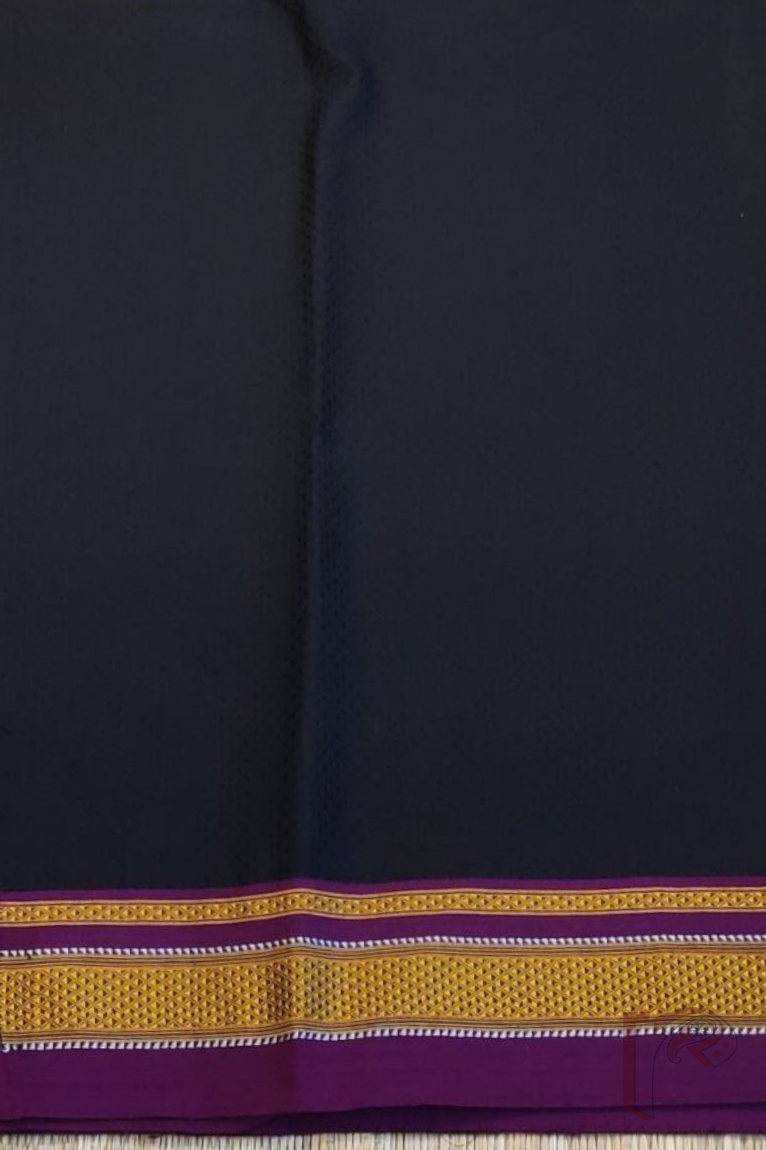 Black and Purple Khun Weave Ilkal Blouse Piece with Golden-White Thread Border - Image 3