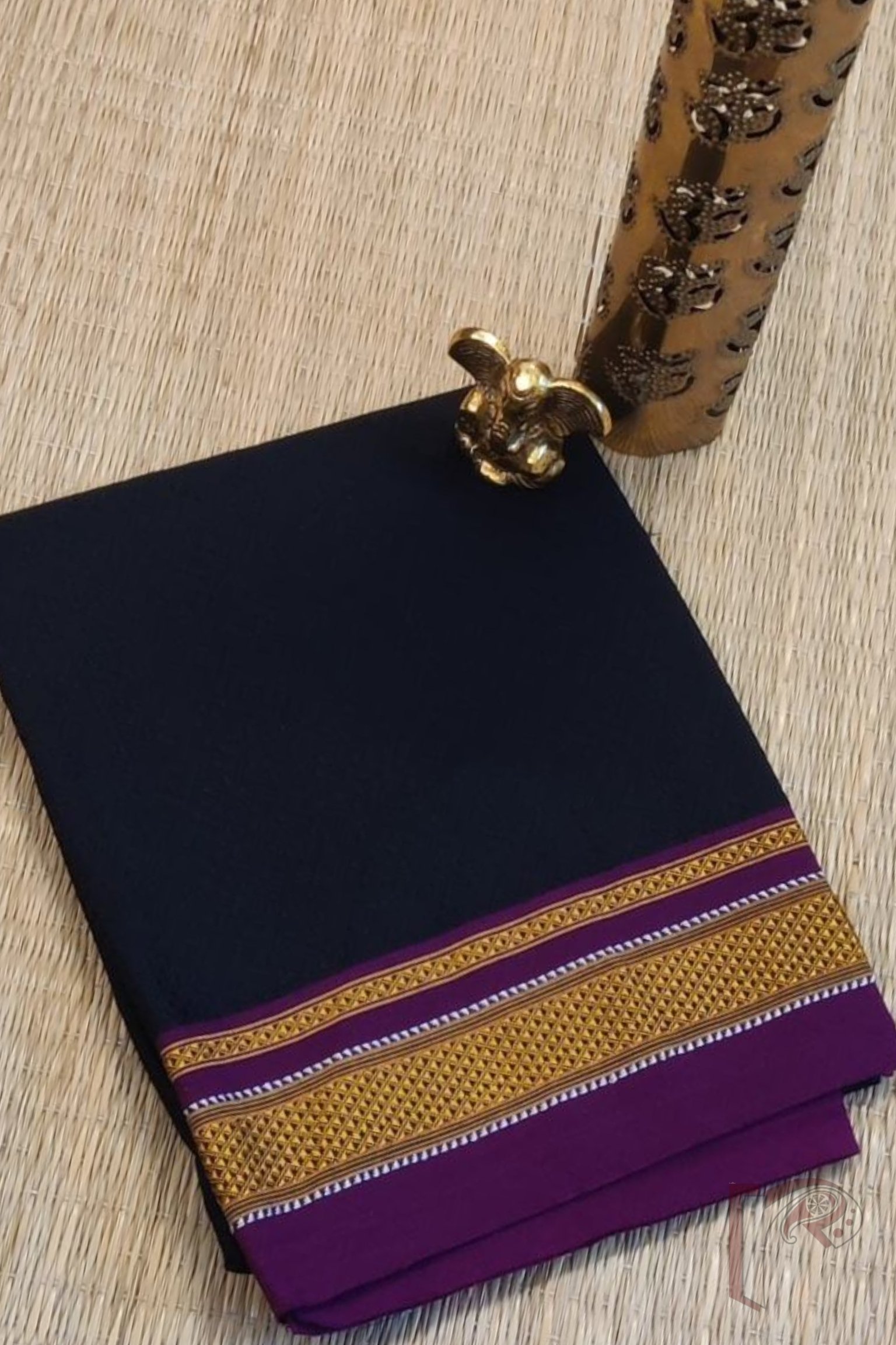 Black and Purple Khun Weave Ilkal Blouse Piece with Golden-White Thread Border