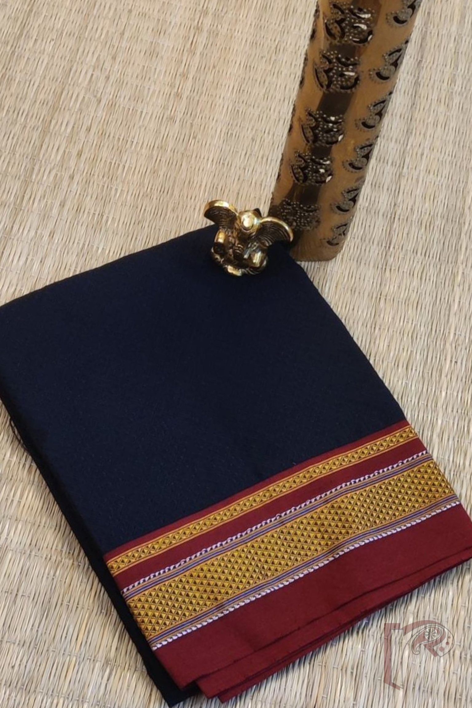 Black and Maroon Khun Weave Ilkal Blouse Piece with Golden-White Thread Border