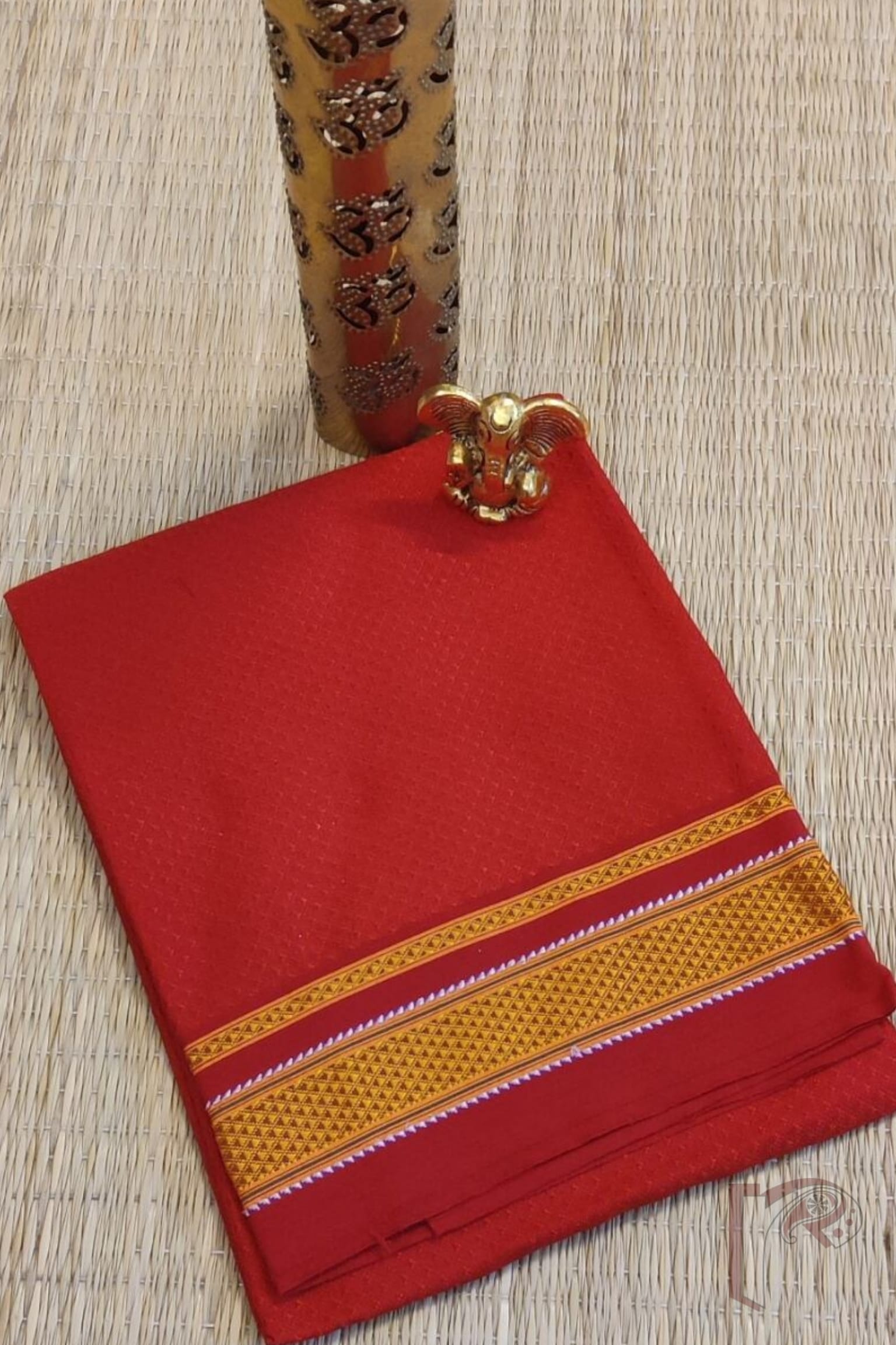 Red on Red Khun Weave Ilkal Blouse Piece with Subtle Golden-White Thread Border