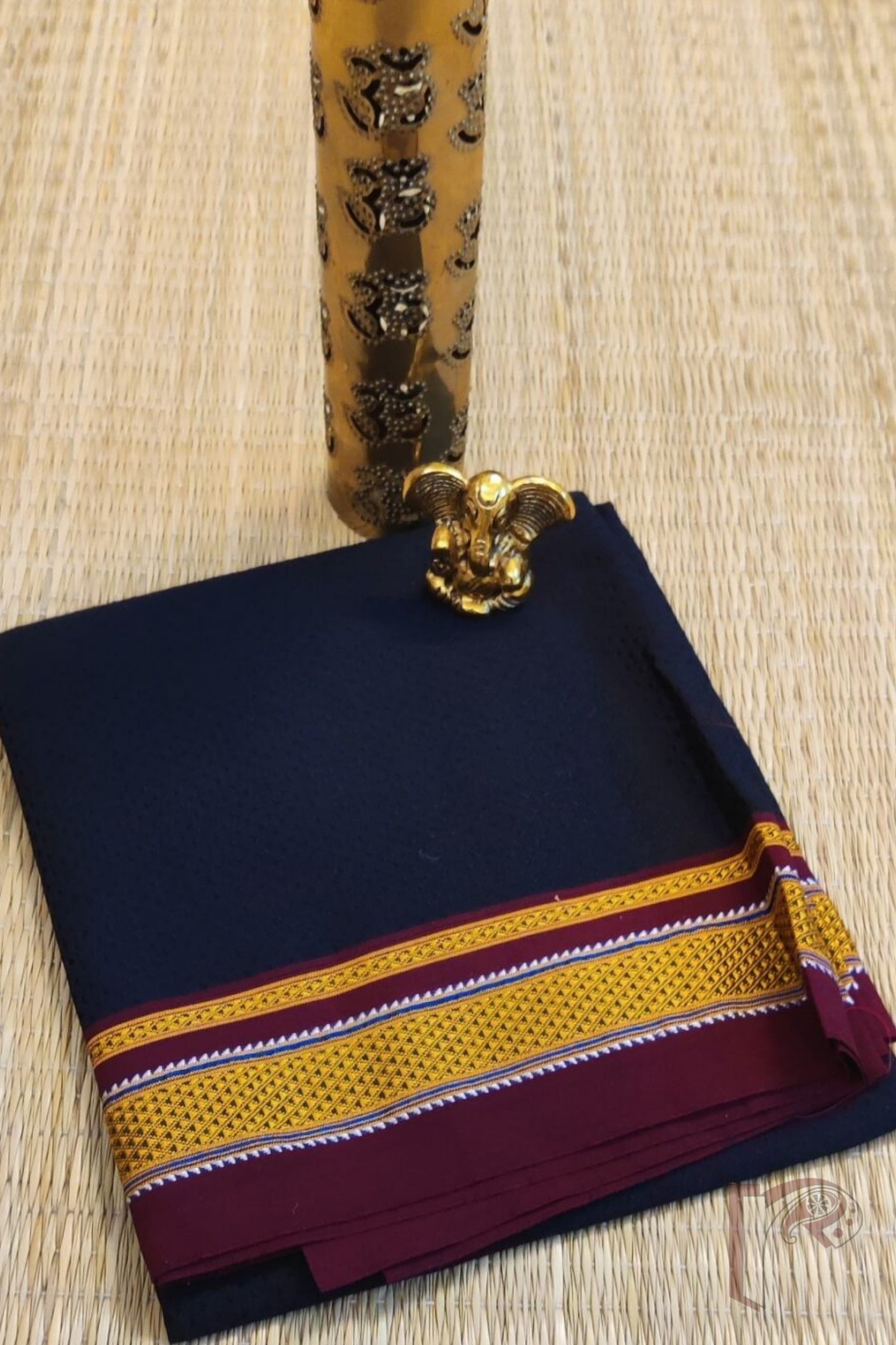 Black and Deep Maroon Khun Weave Ilkal Blouse Piece with Golden-White Thread Border