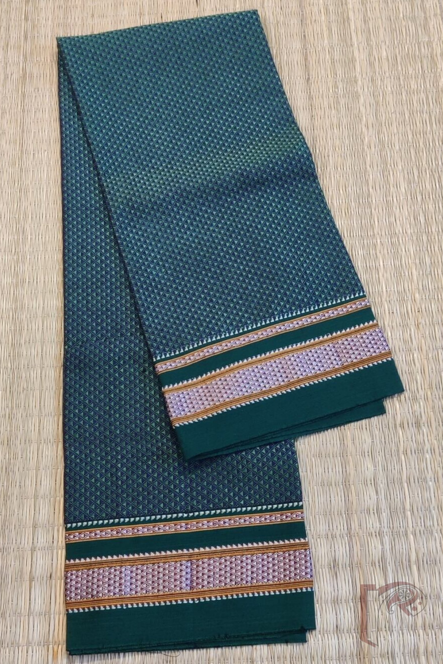 Bottle Green on Green Khun Weave Ilkal Blouse Piece with White and Yellow Thread Border - Image 2