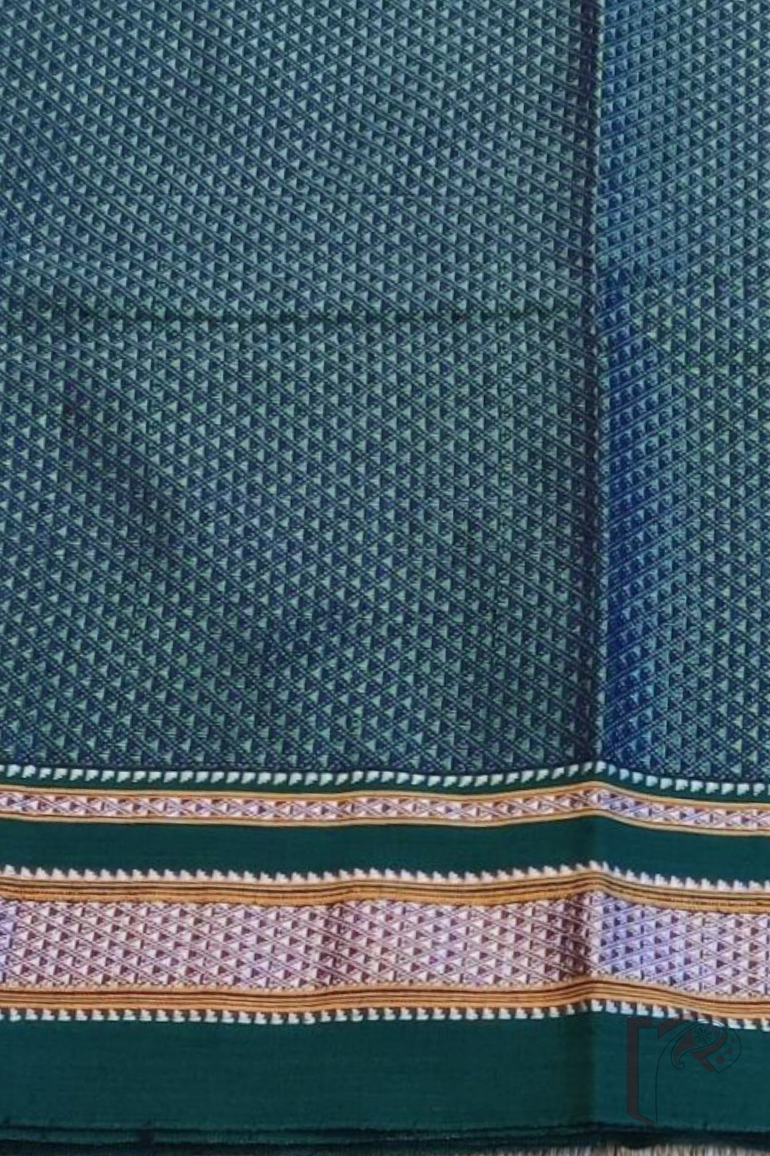 Bottle Green on Green Khun Weave Ilkal Blouse Piece with White and Yellow Thread Border - Image 3