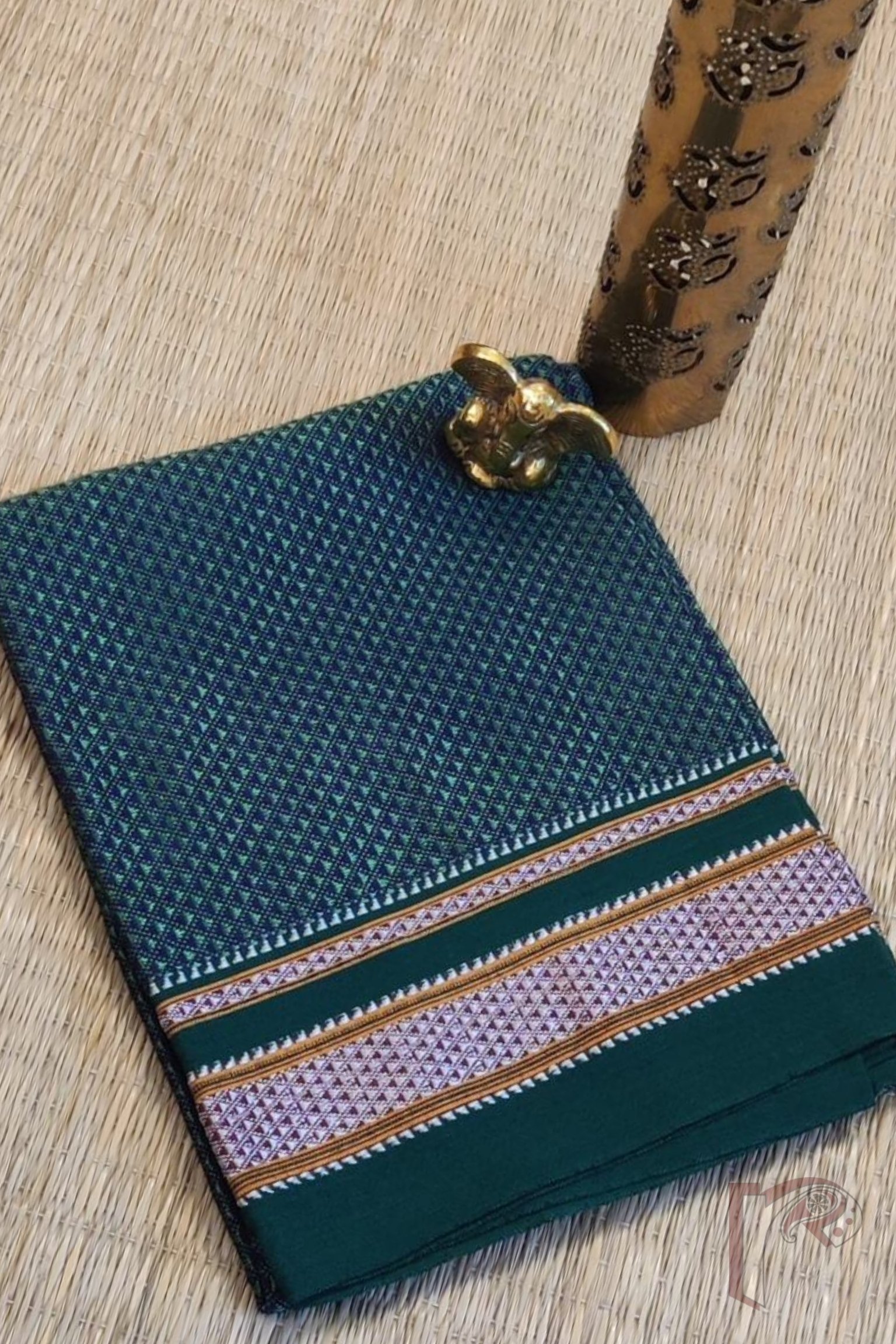 Bottle Green on Green Khun Weave Ilkal Blouse Piece with White and Yellow Thread Border