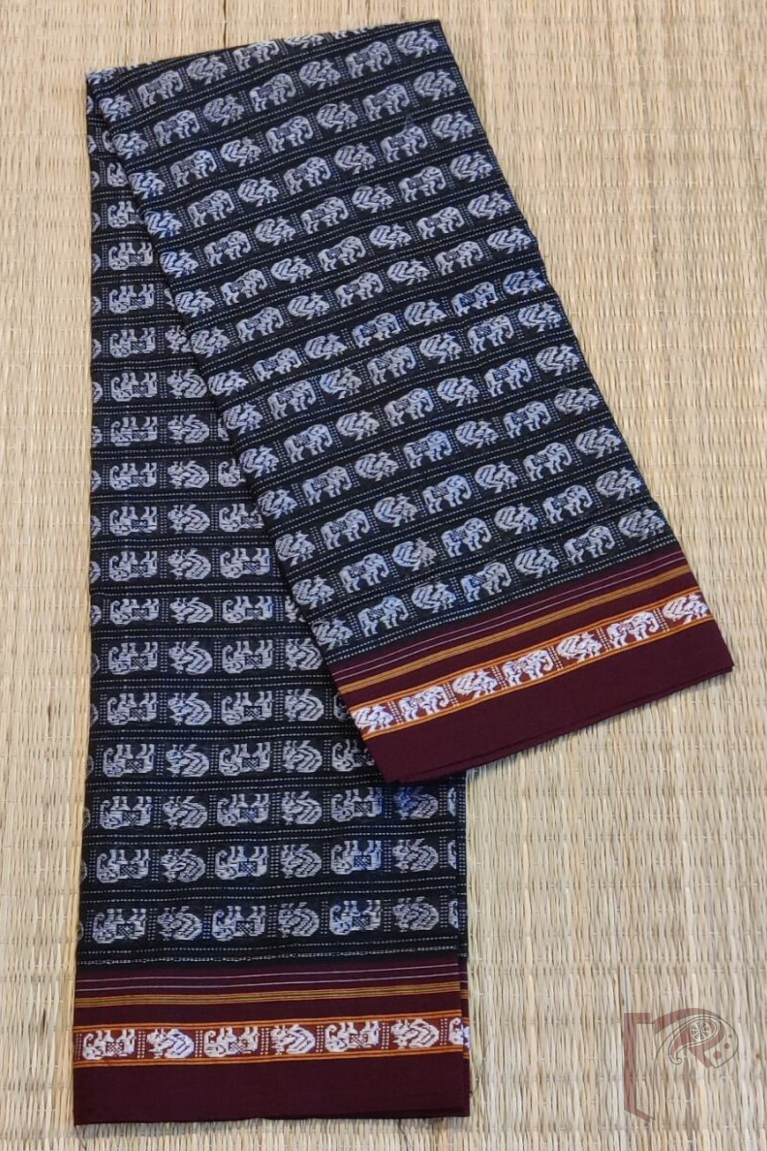 Black Ilkal Blouse Piece with Elephant Motif in White and Maroon Border - Image 2