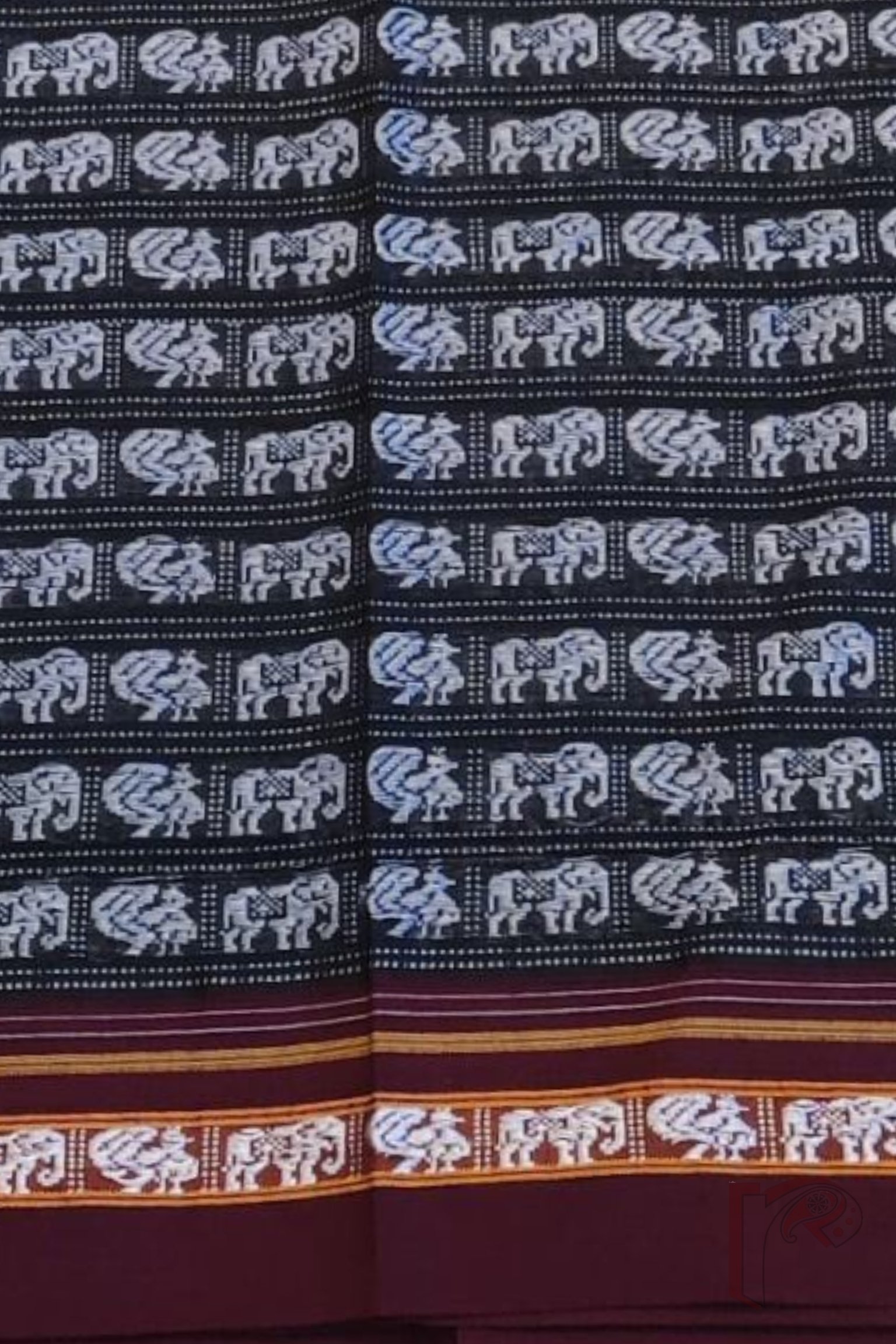 Black Ilkal Blouse Piece with Elephant Motif in White and Maroon Border - Image 3