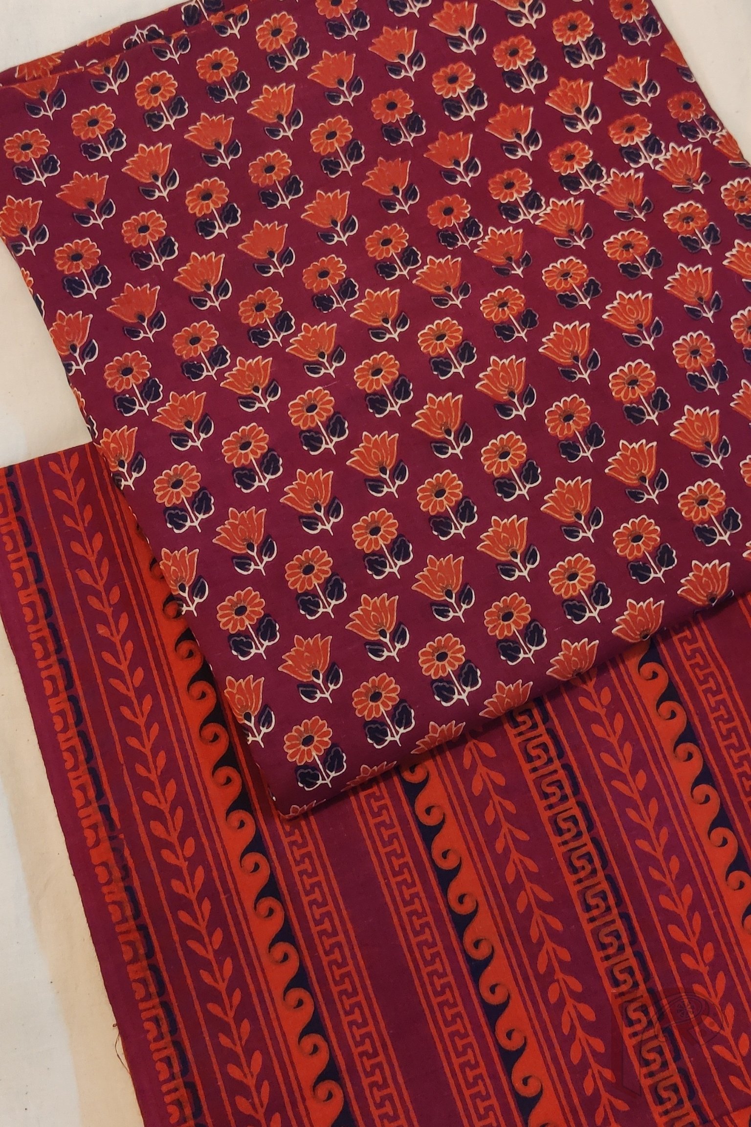 Suit stories – Maroon Mulmul Suit with Small Floral Print and Horizontal Pattern Bottom - Image 2