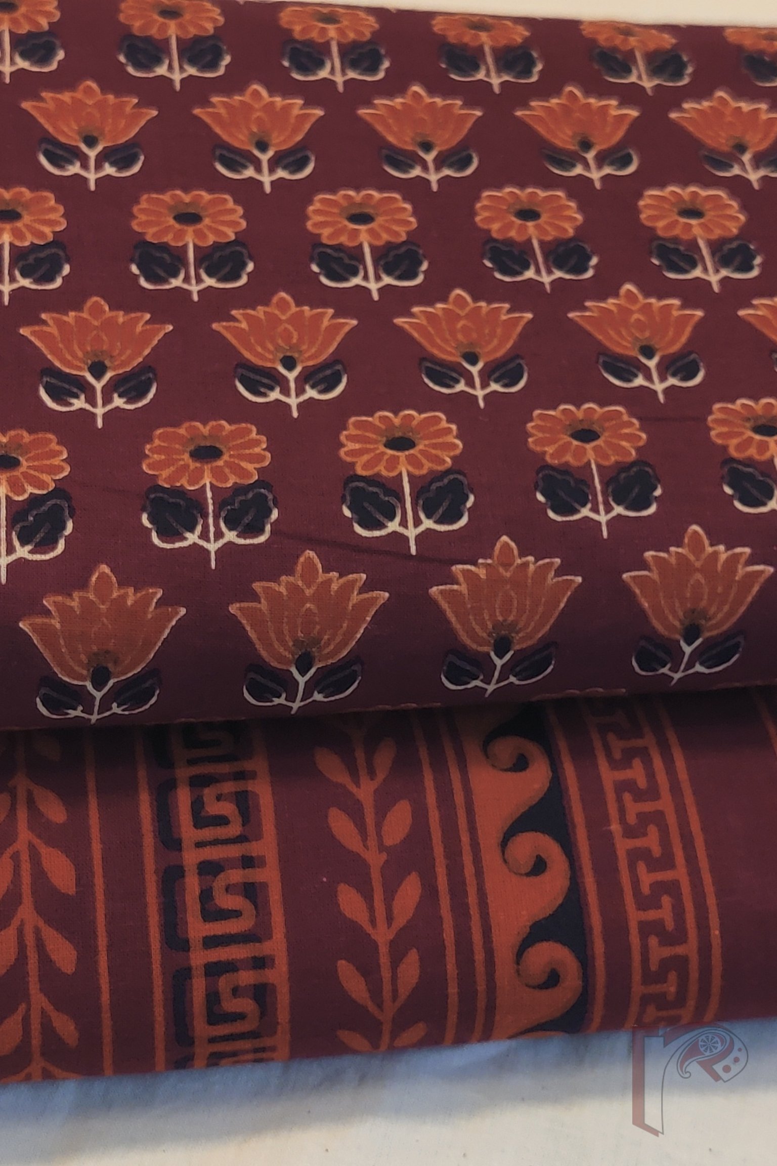 Suit stories – Maroon Mulmul Suit with Small Floral Print and Horizontal Pattern Bottom - Image 3