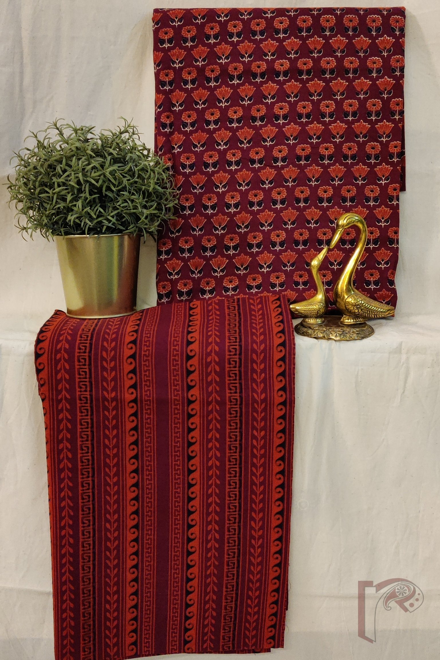 Suit stories – Maroon Mulmul Suit with Small Floral Print and Horizontal Pattern Bottom