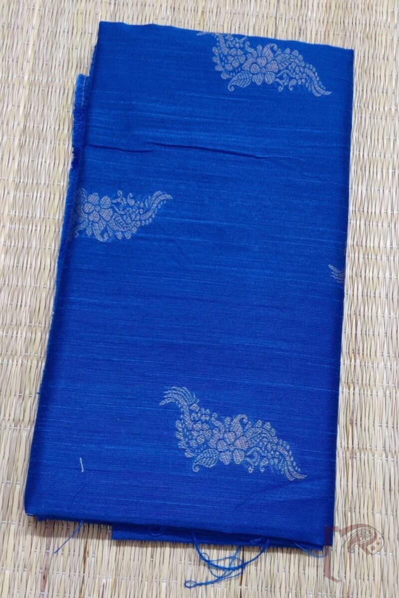 Deep Blue Raw Silk Blouse with Cream Floral and Leaf Motifs - Image 2