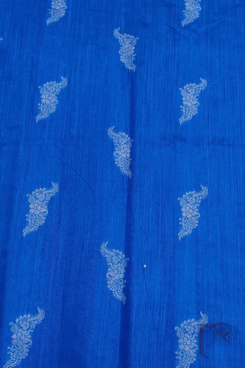 Deep Blue Raw Silk Blouse with Cream Floral and Leaf Motifs - Image 3