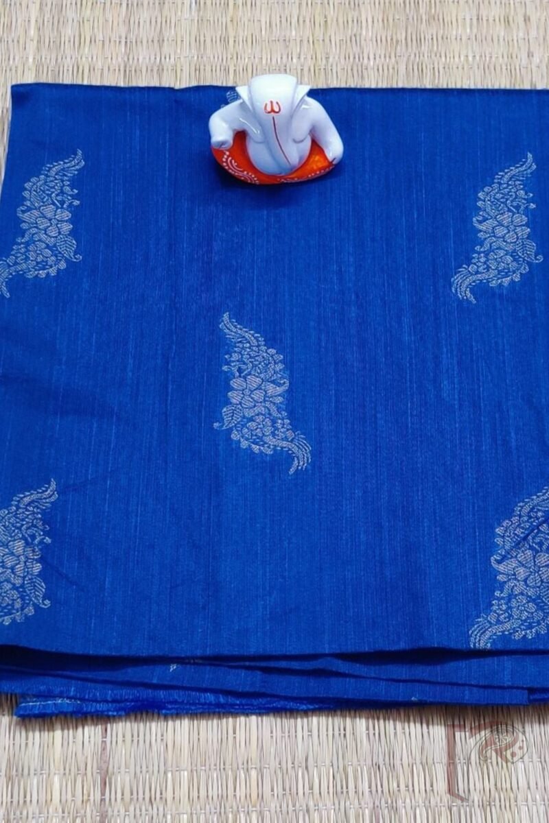 Deep Blue Raw Silk Blouse with Cream Floral and Leaf Motifs
