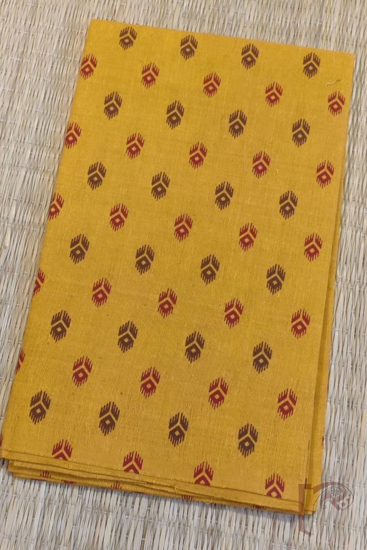 Turmeric Yellow Mangalgiri Cotton Blouse with Red and Brown Motifs - Image 2